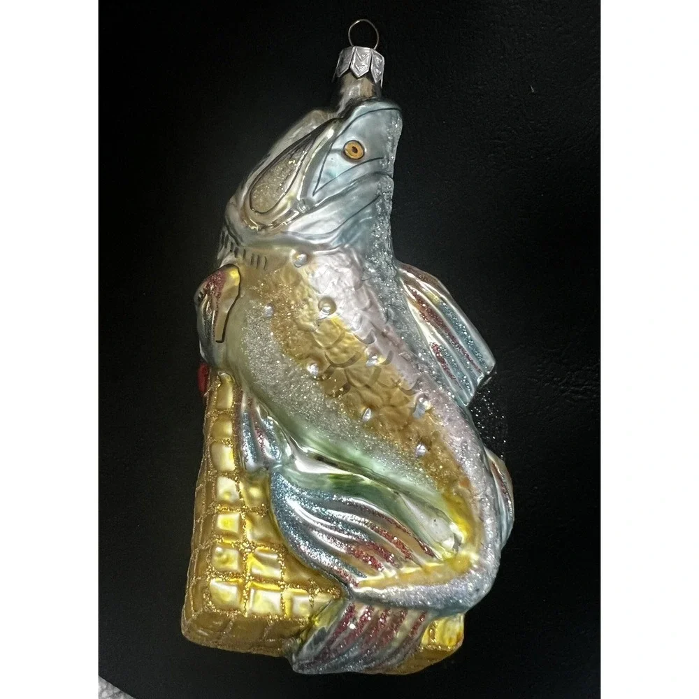 Slavic Treasures‎ Poland Blown Glass Xmas Ornament Fishing Pole, Bag and Fish